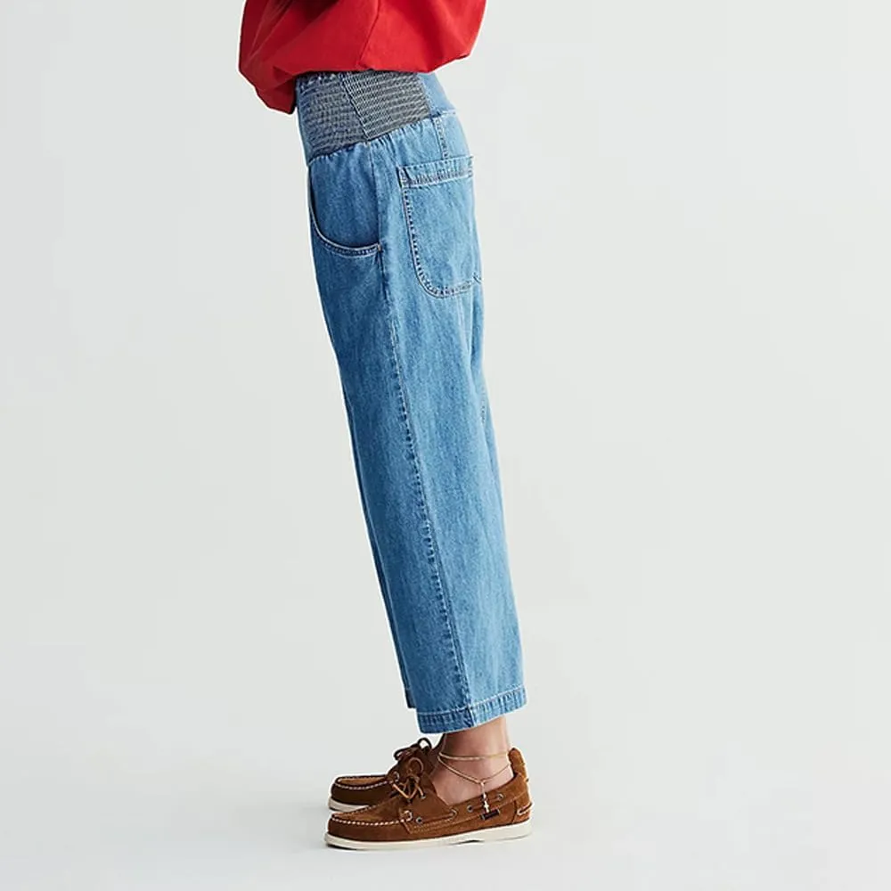 utcoco Womens Smocked Mid Rise Barrel Jeans Y2k Vintage Baggy Wide Leg Jeans Cropped Denim Harem Pants