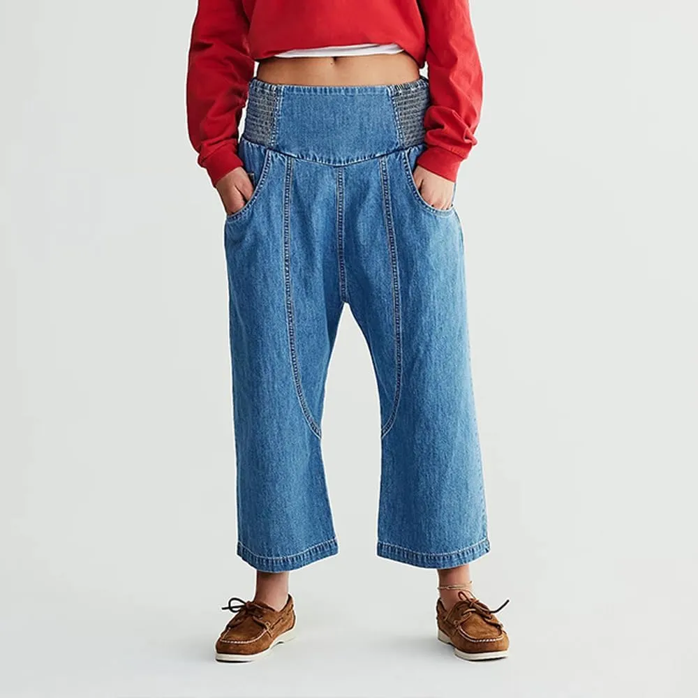 utcoco Womens Smocked Mid Rise Barrel Jeans Y2k Vintage Baggy Wide Leg Jeans Cropped Denim Harem Pants