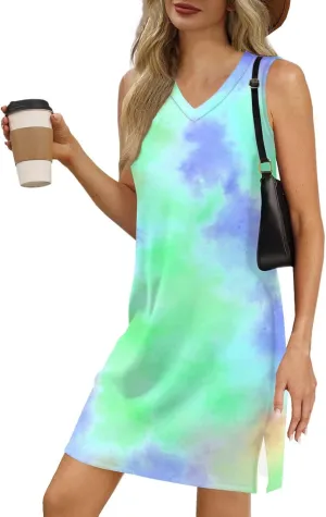 V Neck Beach Dress for Women 2025 Summer Vacation Tank Dress Holiday Boho Floral Dresses Casual Resort Wear