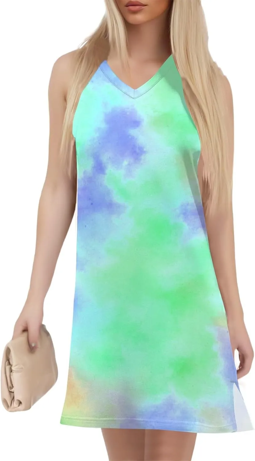 V Neck Beach Dress for Women 2025 Summer Vacation Tank Dress Holiday Boho Floral Dresses Casual Resort Wear