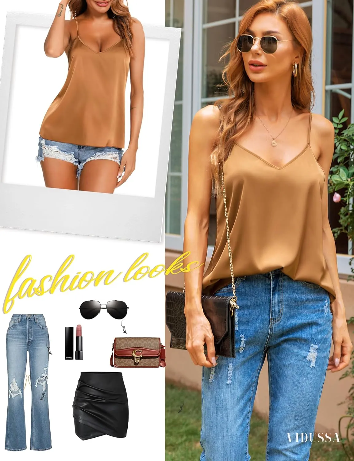 VIDUSSA Sexy Tank Tops Womens Satin Cami Top Pack V Neck Camisole Spaghetti Strap Tank Loose Sleeveless Blouses