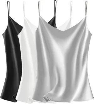 VIDUSSA Sexy Tank Tops Womens Satin Cami Top Pack V Neck Camisole Spaghetti Strap Tank Loose Sleeveless Blouses
