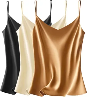VIDUSSA Sexy Tank Tops Womens Satin Cami Top Pack V Neck Camisole Spaghetti Strap Tank Loose Sleeveless Blouses