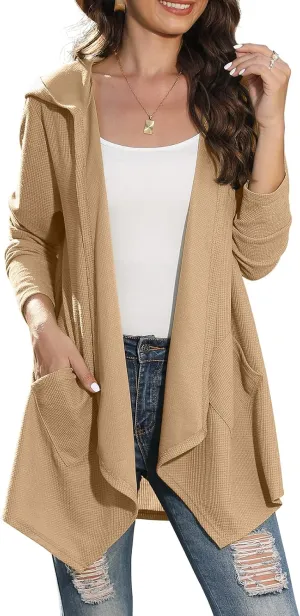 VIISHOW Womens Lightweight Casual Hoodie Cardigans Open Front Waffle Knit Long Sleeve Outwear Coat with Pockets