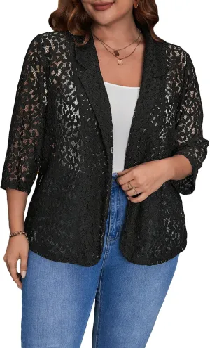 WDIRARA Women's Plus Size Contrast Lace Mesh Sheer Open Front 3/4 Sleeve Casual Loose Blazers
