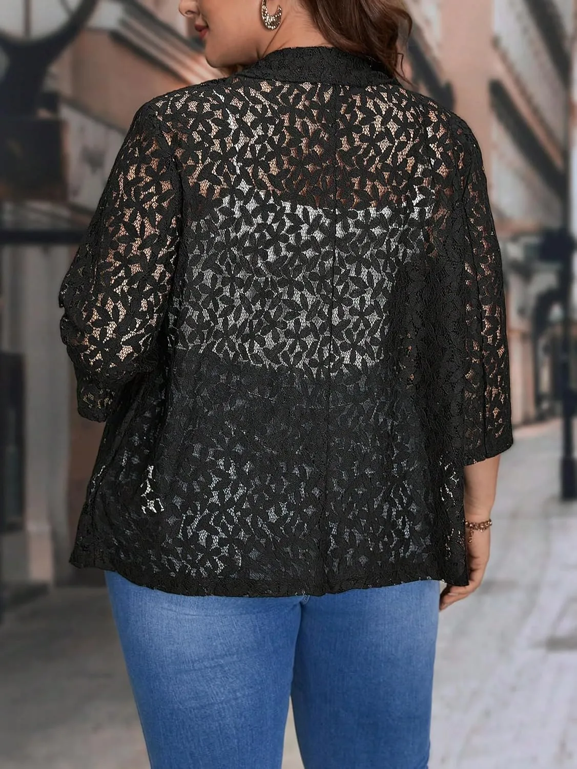 WDIRARA Women's Plus Size Contrast Lace Mesh Sheer Open Front 3/4 Sleeve Casual Loose Blazers
