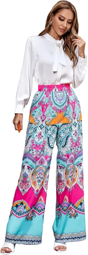 WDIRARA Women's Tropical Print High Elastic Waisted Wide Leg Loose Pants Trousers