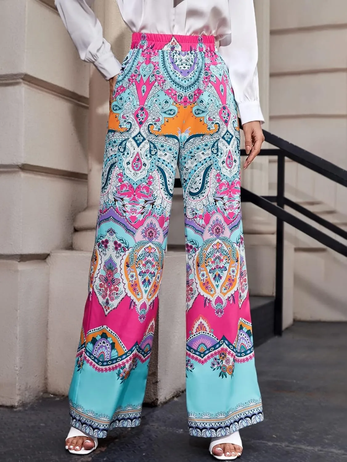 WDIRARA Women's Tropical Print High Elastic Waisted Wide Leg Loose Pants Trousers