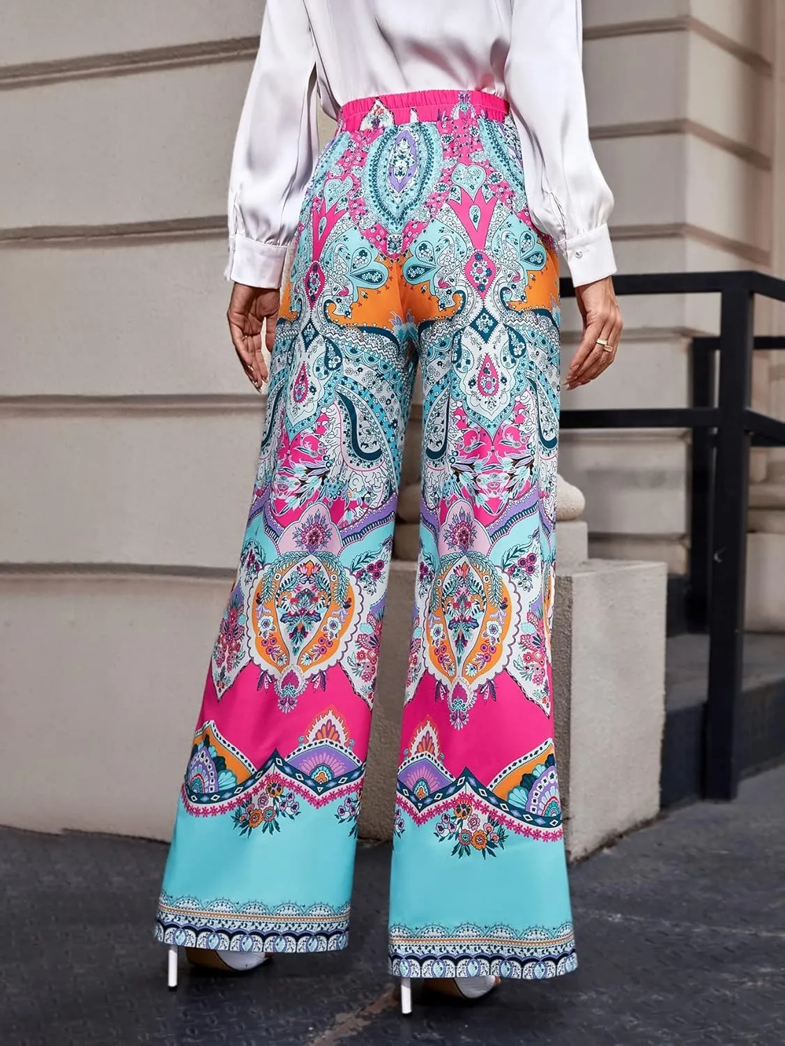 WDIRARA Women's Tropical Print High Elastic Waisted Wide Leg Loose Pants Trousers