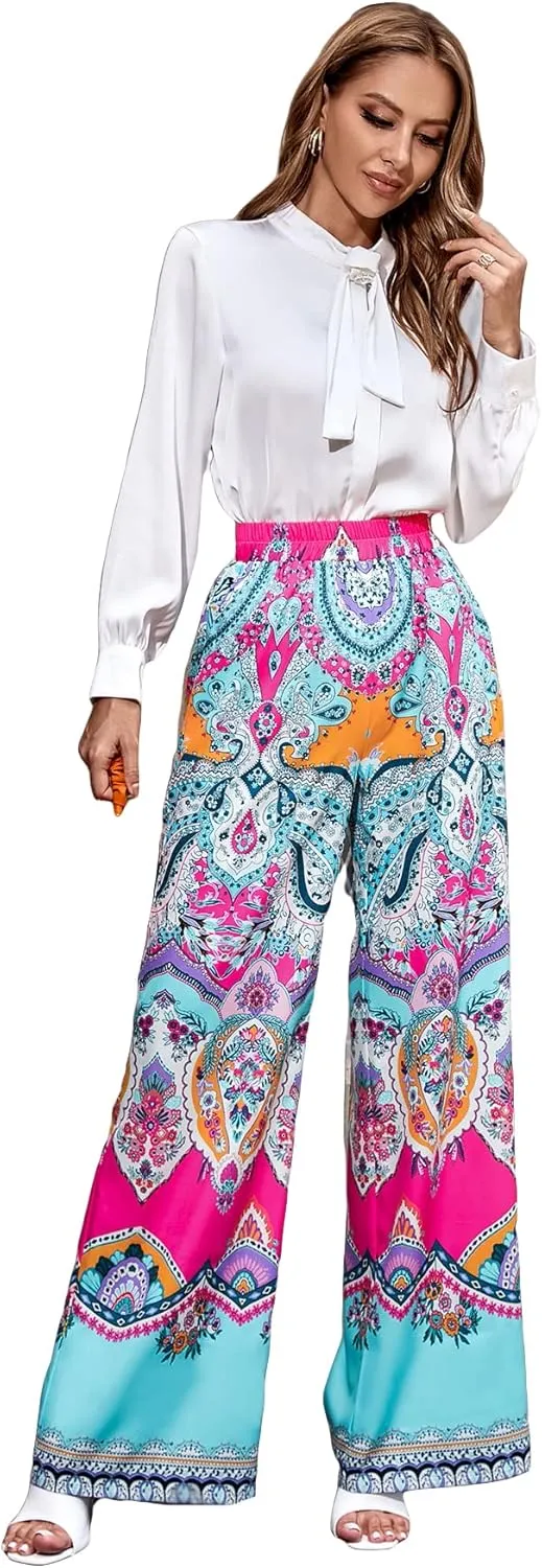 WDIRARA Women's Tropical Print High Elastic Waisted Wide Leg Loose Pants Trousers