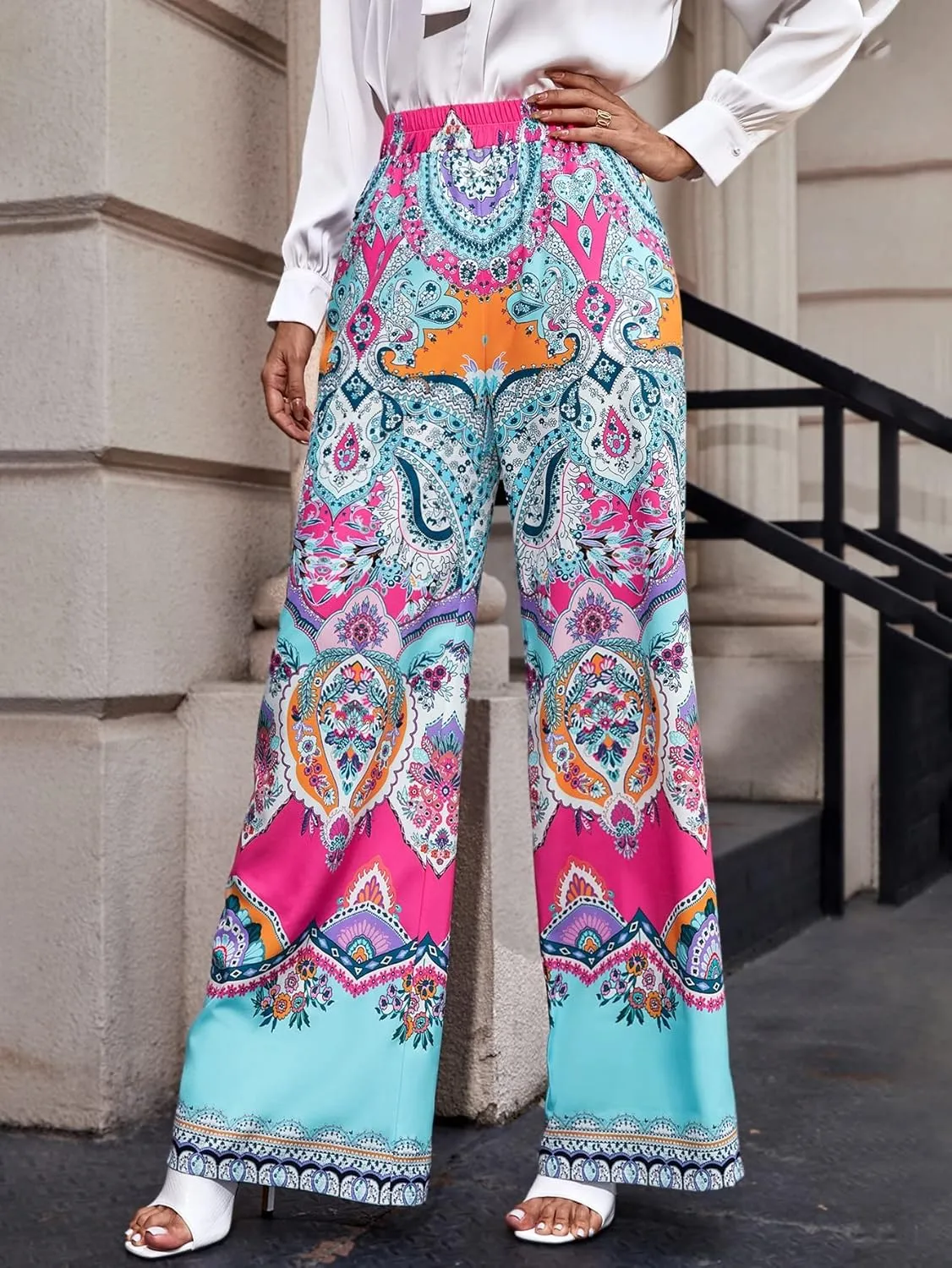 WDIRARA Women's Tropical Print High Elastic Waisted Wide Leg Loose Pants Trousers