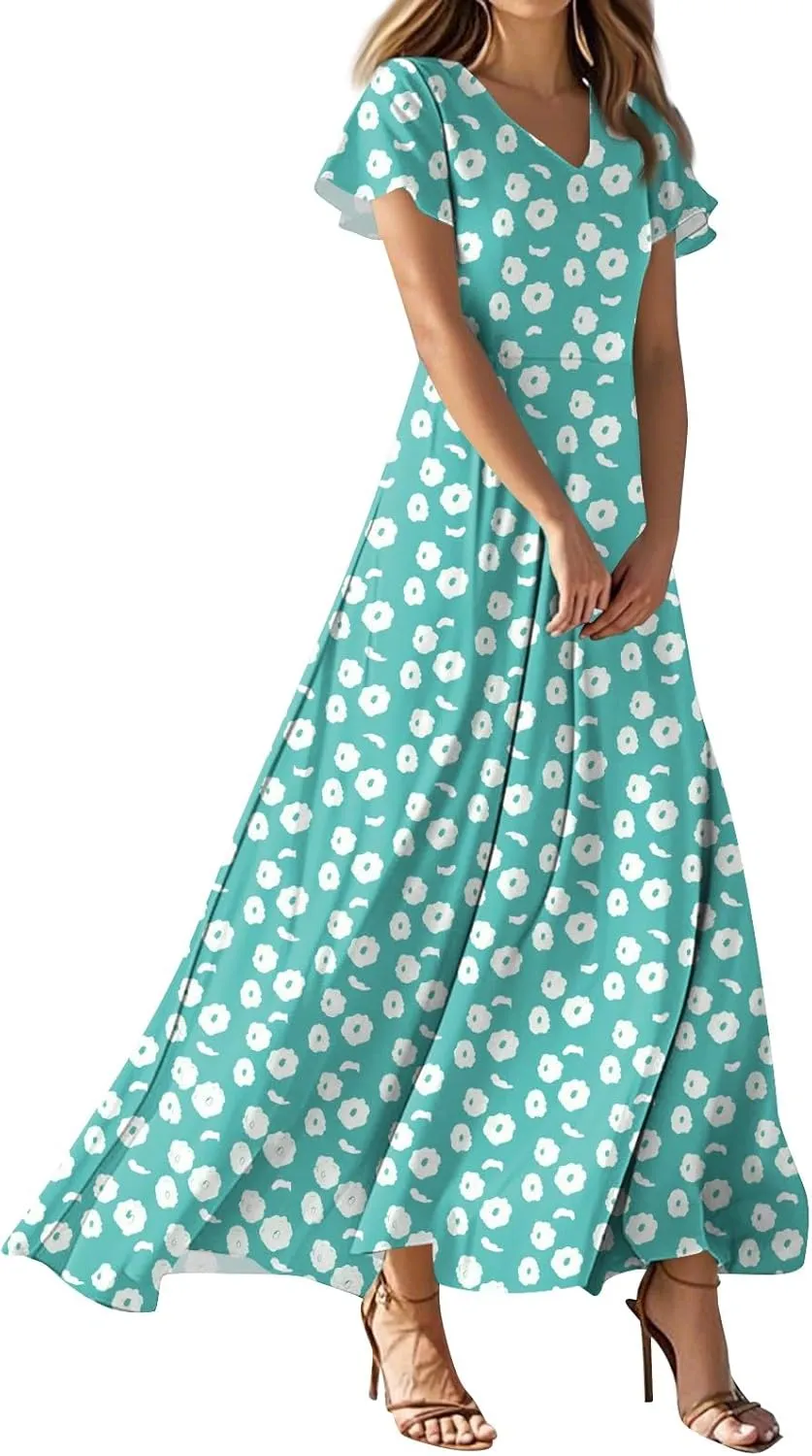 Wedding GTuest Dresses for Women 2025 Boho Multi Style Maxi Dress Flowy Dress Casual V Neck Short Sleeve Graphic Long Dress