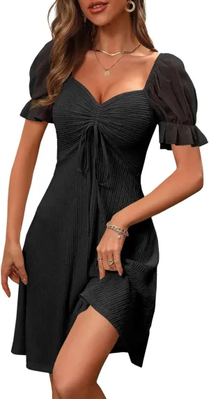 Wenrine Womens Summer Short Puff Sleeve Mini Dresses Drawstring Sweetheart Neck Casual Slim Flowy Dress Sundress