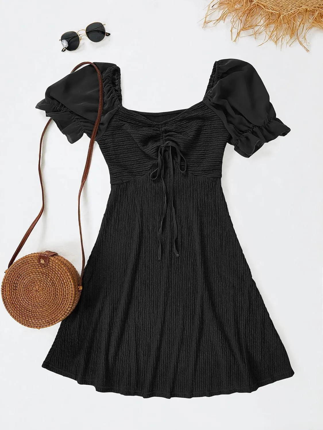 Wenrine Womens Summer Short Puff Sleeve Mini Dresses Drawstring Sweetheart Neck Casual Slim Flowy Dress Sundress