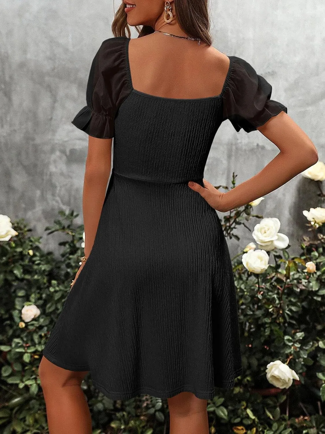Wenrine Womens Summer Short Puff Sleeve Mini Dresses Drawstring Sweetheart Neck Casual Slim Flowy Dress Sundress