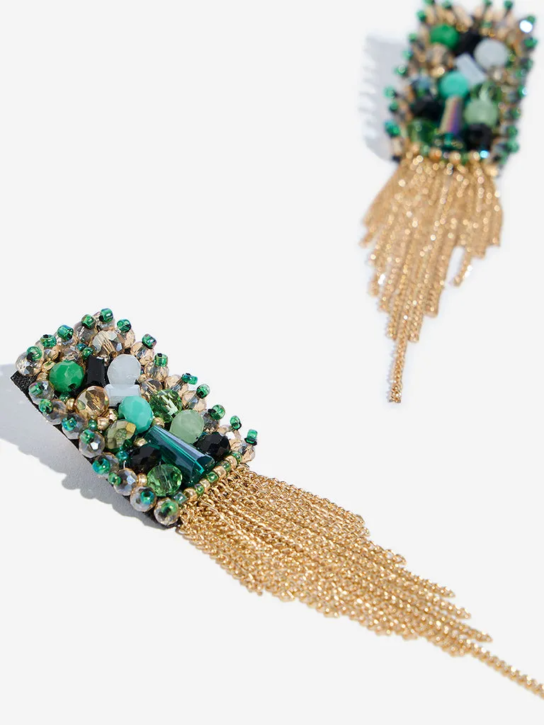 Westside Accessories Green Stone-Studded Dangler Earrings