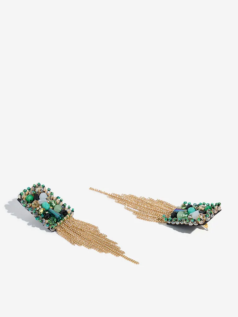 Westside Accessories Green Stone-Studded Dangler Earrings
