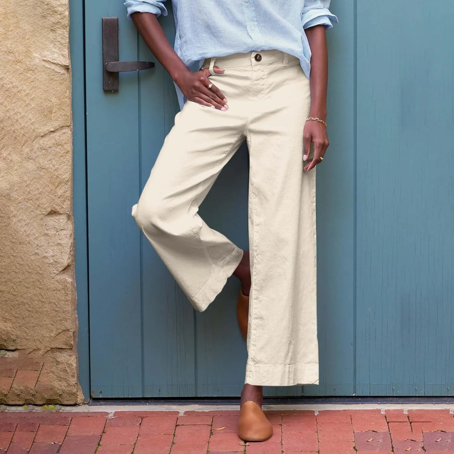 Wide Leg Linen Pants Women Cropped Elastic High Waisted Dress Pants Business Casual Comfy Work Pants with Pocket