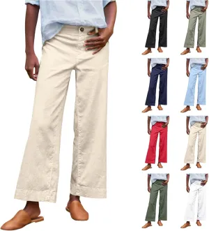 Wide Leg Linen Pants Women Cropped Elastic High Waisted Dress Pants Business Casual Comfy Work Pants with Pocket