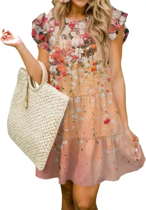 Women Babydoll Summer Casual Crew Neck Ruffle Sleeve Sleeveless Flowy Mini Short Tunic Dress Floral Print Pleated Dress5-Watermelon Red,Medium