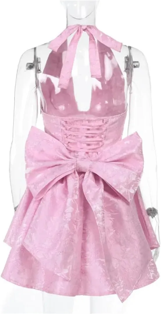 Women Bow Waist Wrap A-Line Dress Halter Mini Dress Nightclub Sexy Party Dresses