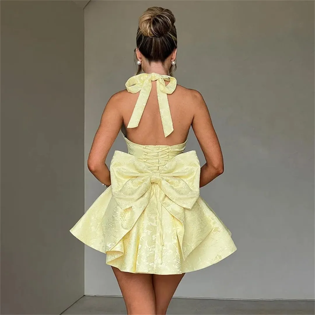 Women Bow Waist Wrap A-Line Dress Halter Mini Dress Nightclub Sexy Party Dresses