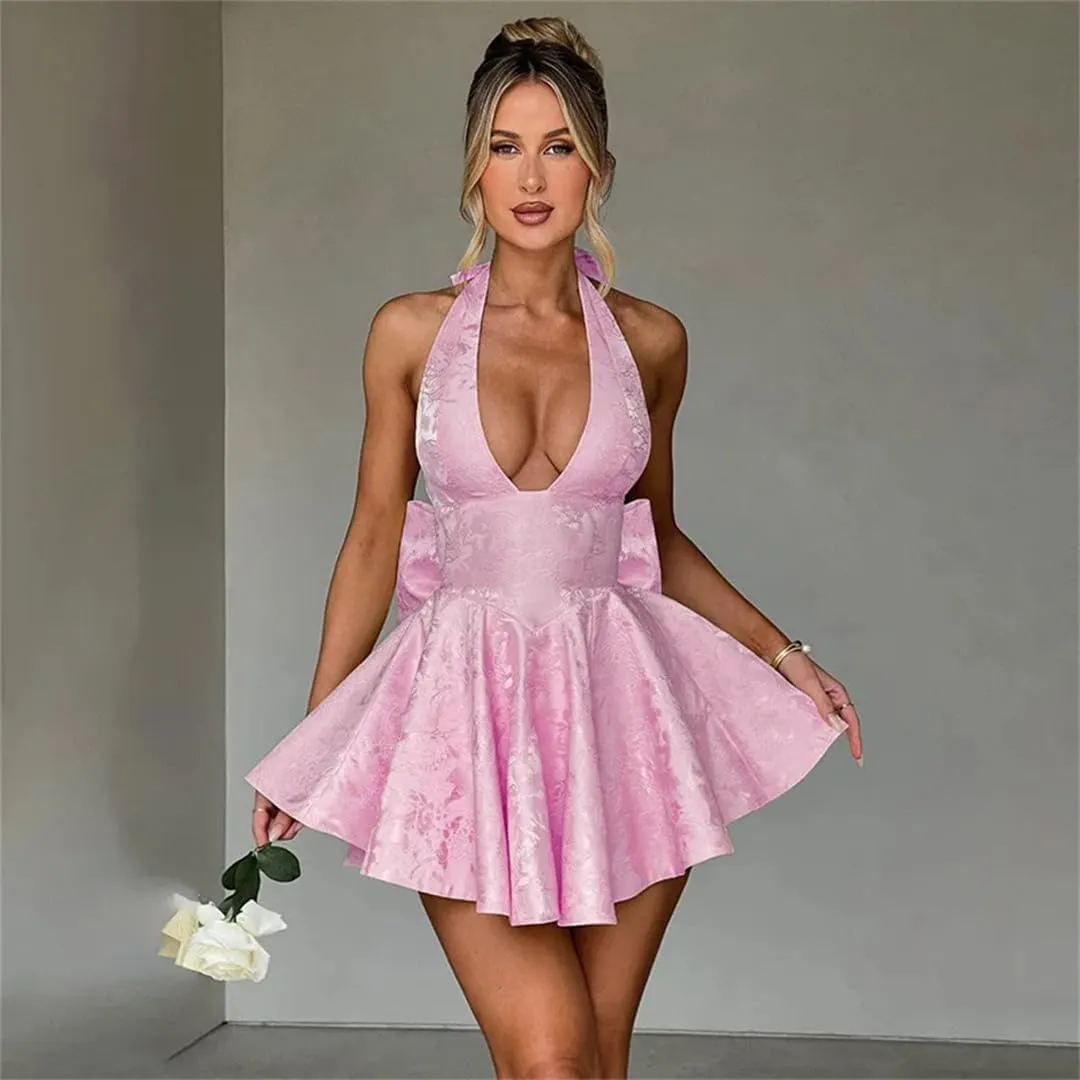 Women Bow Waist Wrap A-Line Dress Halter Mini Dress Nightclub Sexy Party Dresses