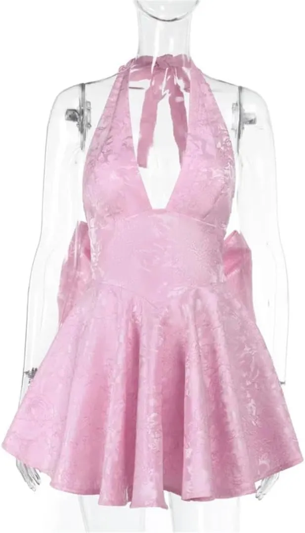 Women Bow Waist Wrap A-Line Dress Halter Mini Dress Nightclub Sexy Party Dresses