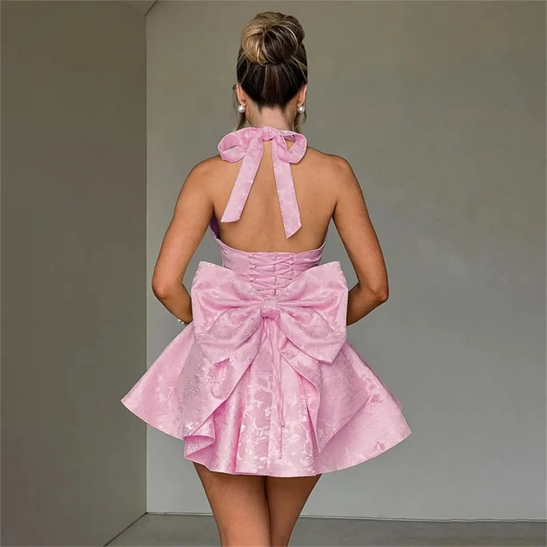 Women Bow Waist Wrap A-Line Dress Halter Mini Dress Nightclub Sexy Party Dresses