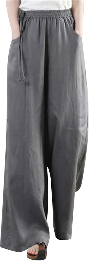 Women Cotton Linen Wide Leg Trousers High Waist Plus Size Lounge Pants Pockets Leisure Pant Causal Sweatpants