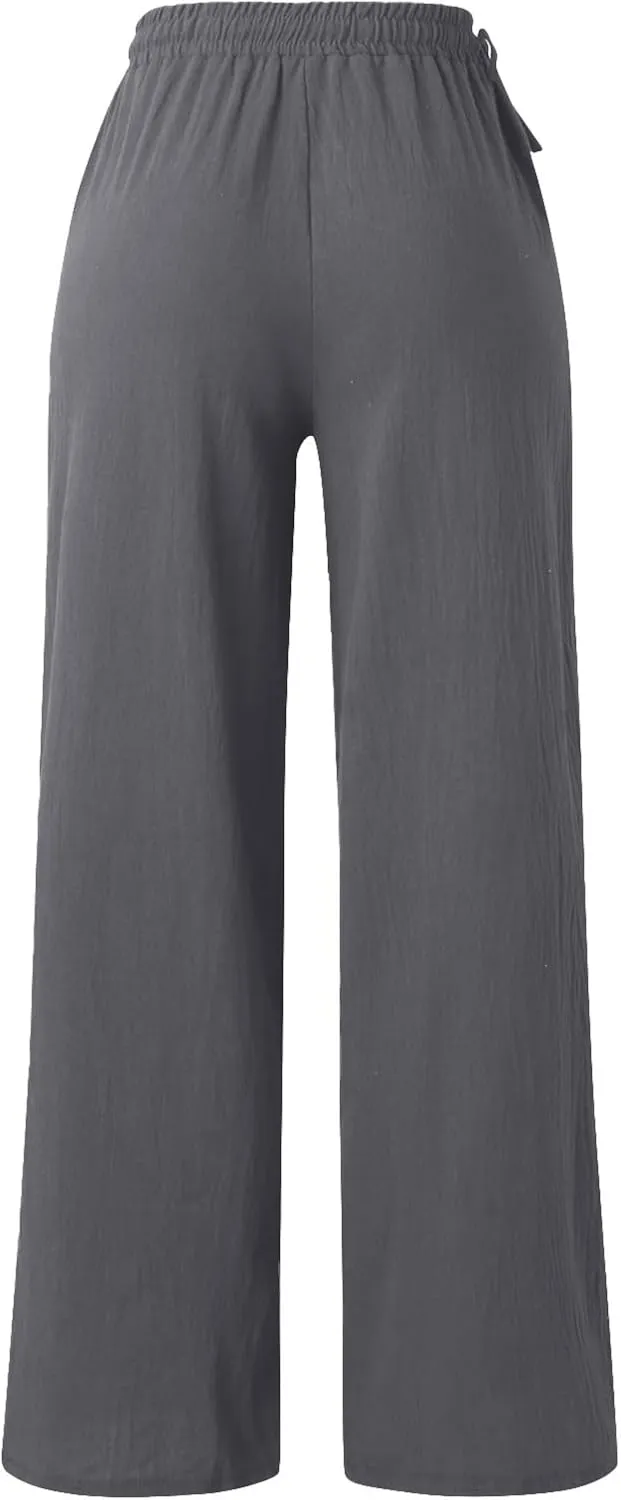 Women Cotton Linen Wide Leg Trousers High Waist Plus Size Lounge Pants Pockets Leisure Pant Causal Sweatpants