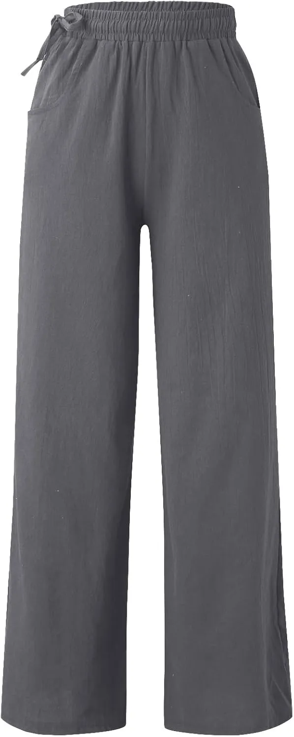Women Cotton Linen Wide Leg Trousers High Waist Plus Size Lounge Pants Pockets Leisure Pant Causal Sweatpants