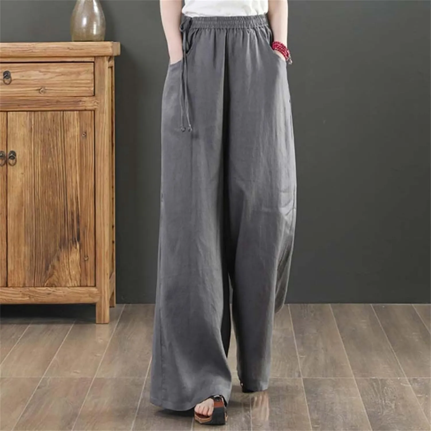 Women Cotton Linen Wide Leg Trousers High Waist Plus Size Lounge Pants Pockets Leisure Pant Causal Sweatpants