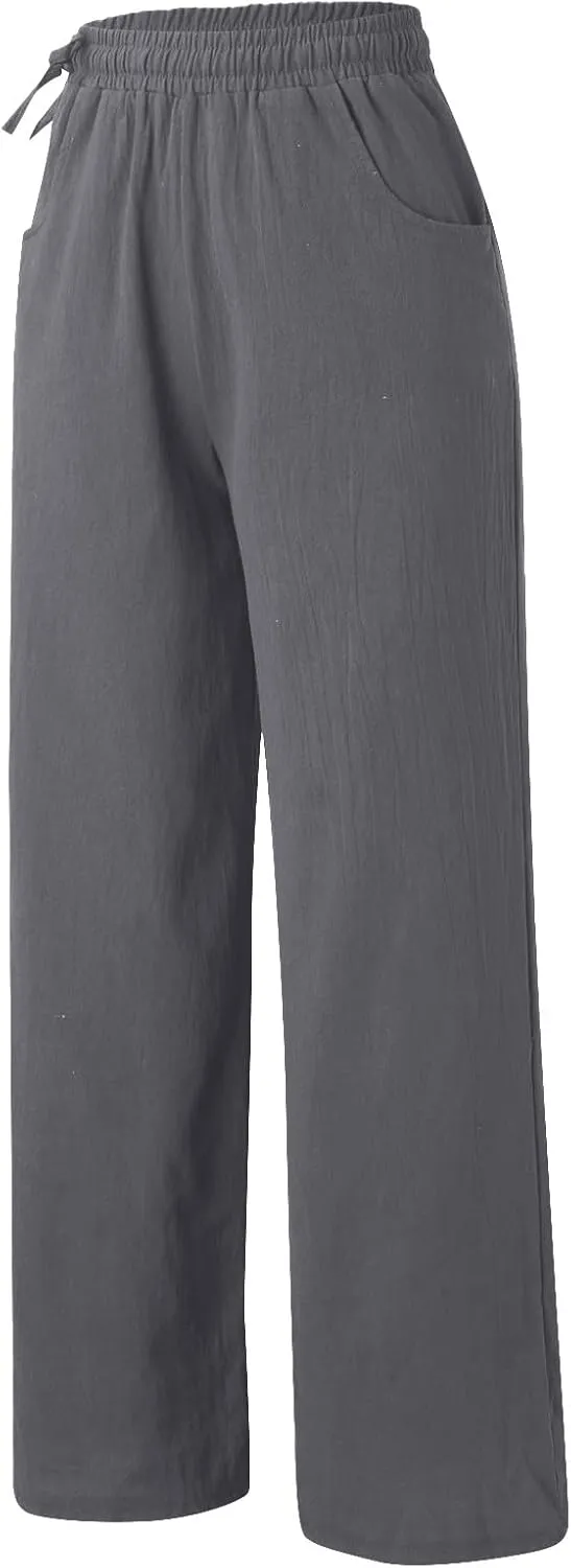 Women Cotton Linen Wide Leg Trousers High Waist Plus Size Lounge Pants Pockets Leisure Pant Causal Sweatpants