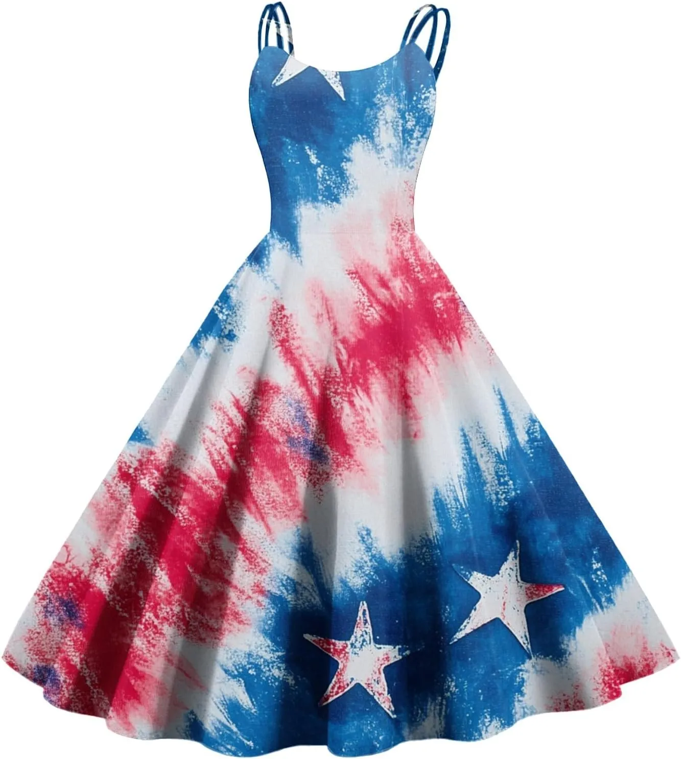 Women Fourth of July Dress Midi Red White and Blue Dresses Spaghetti Strap USA Flag Dress Holiday Festival Dresses