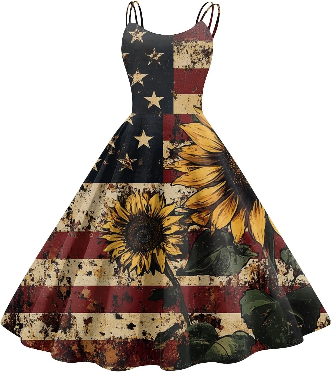 Women Fourth of July Dress Midi Red White and Blue Dresses Spaghetti Strap USA Flag Dress Holiday Festival Dresses