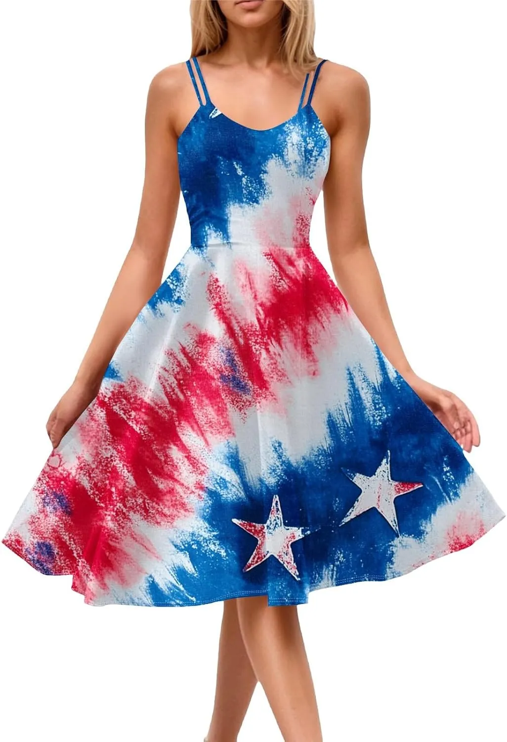 Women Fourth of July Dress Midi Red White and Blue Dresses Spaghetti Strap USA Flag Dress Holiday Festival Dresses