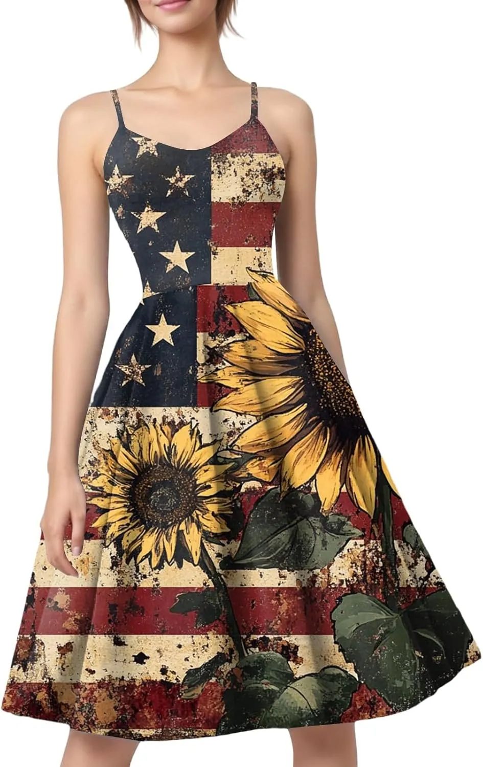 Women Fourth of July Dress Midi Red White and Blue Dresses Spaghetti Strap USA Flag Dress Holiday Festival Dresses