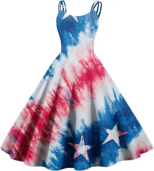Women Fourth of July Dress Midi Red White and Blue Dresses Spaghetti Strap USA Flag Dress Holiday Festival Dresses