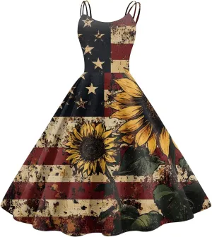 Women Fourth of July Dress Midi Red White and Blue Dresses Spaghetti Strap USA Flag Dress Holiday Festival Dresses