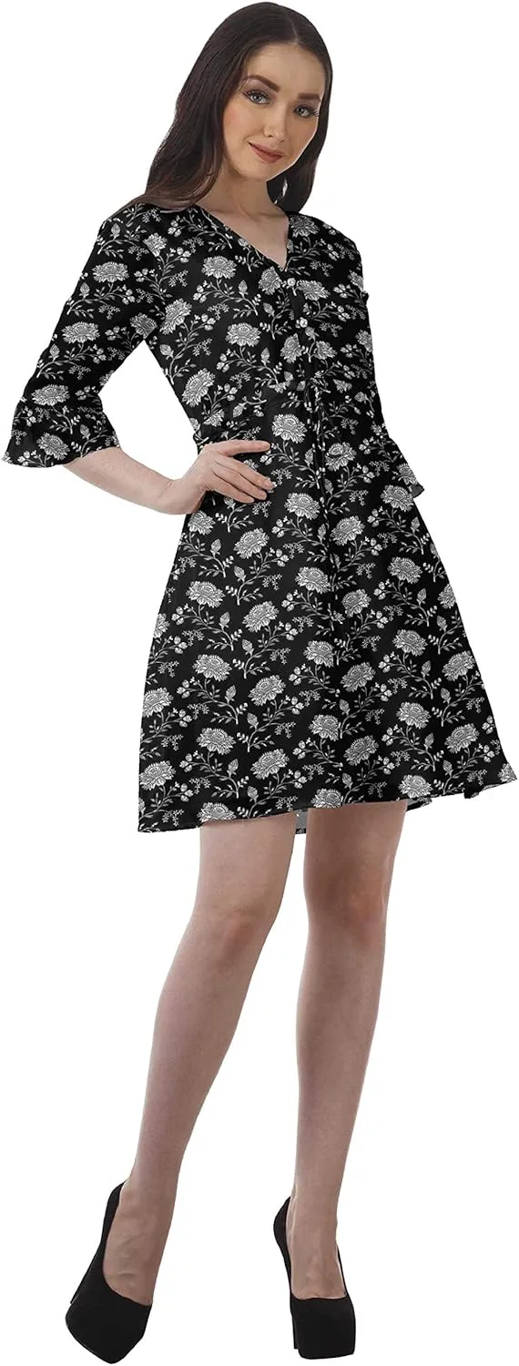 Women Printed Drawstring Mini Dress V Neck Ruffle Sleeves Summer Dress