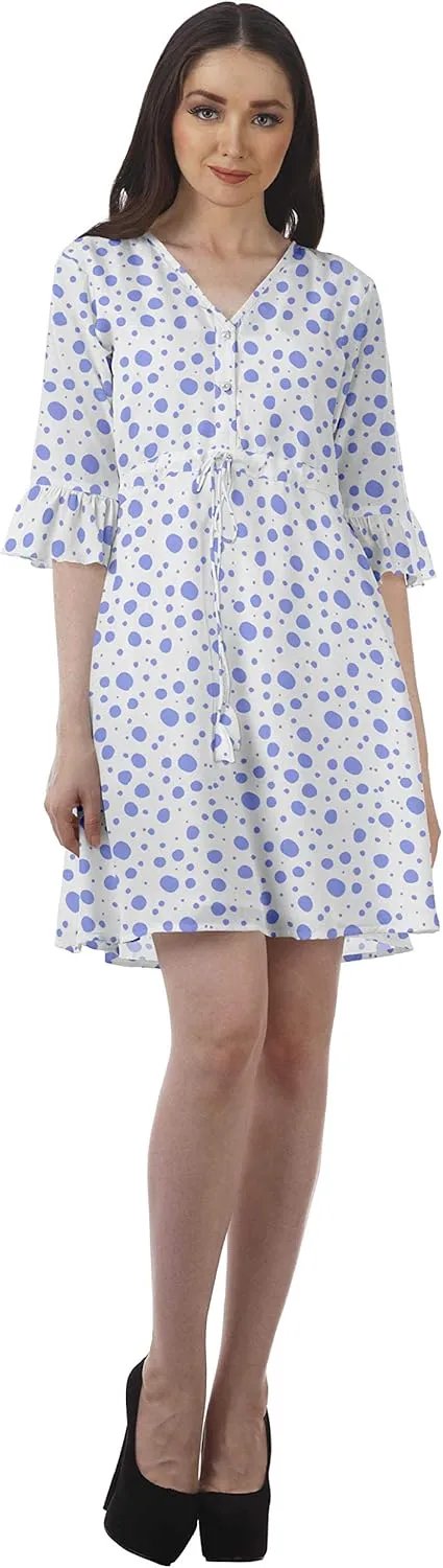 Women Printed Drawstring Mini Dress V Neck Ruffle Sleeves Summer Dress