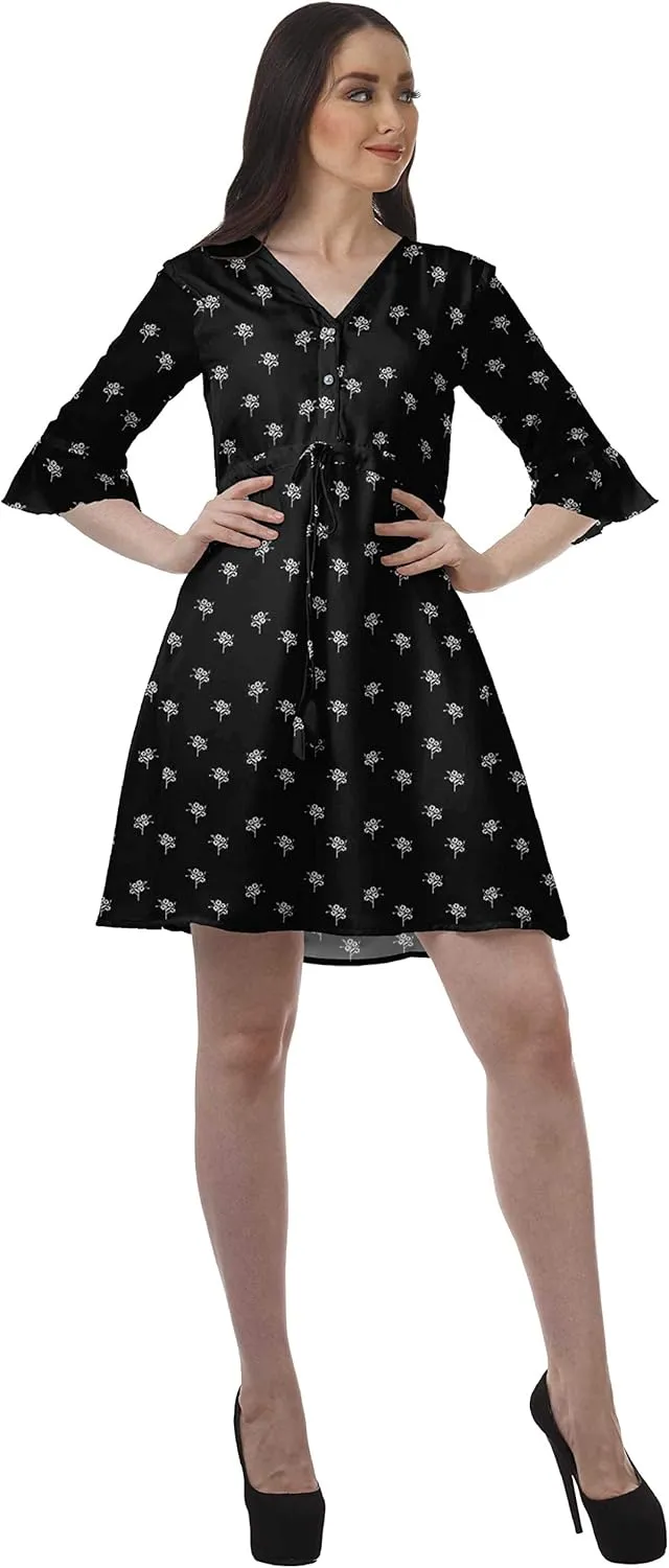 Women Printed Drawstring Mini Dress V Neck Ruffle Sleeves Summer Dress
