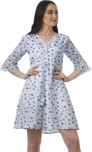 Women Printed Drawstring Mini Dress V Neck Ruffle Sleeves Summer Dress