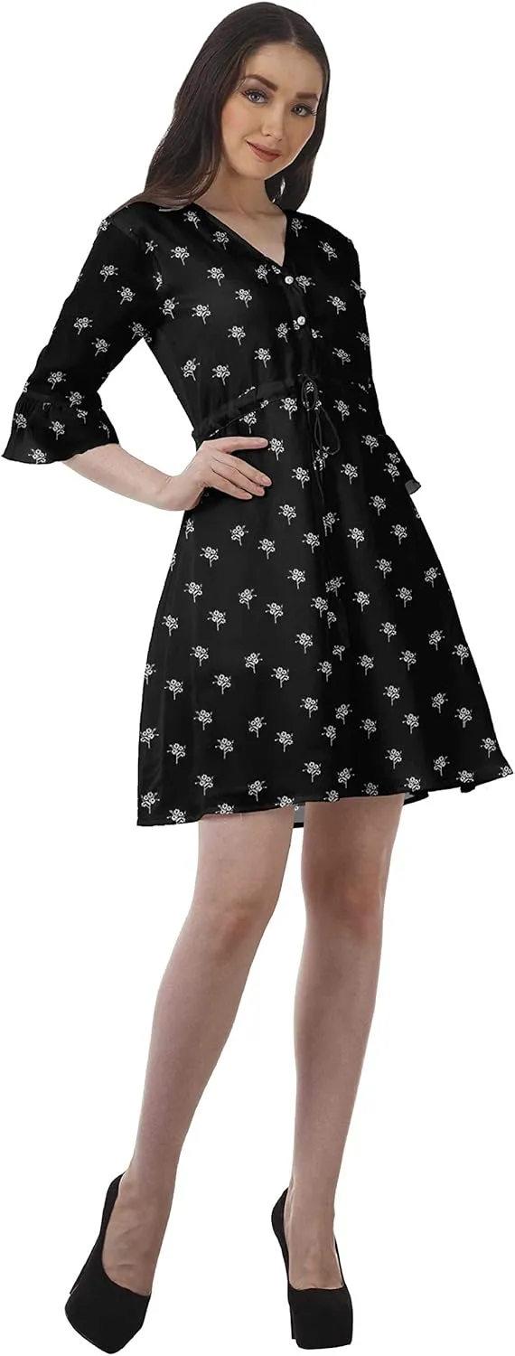 Women Printed Drawstring Mini Dress V Neck Ruffle Sleeves Summer Dress