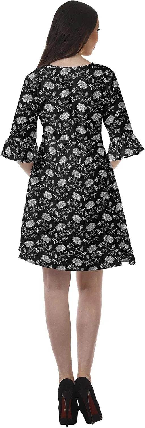 Women Printed Drawstring Mini Dress V Neck Ruffle Sleeves Summer Dress