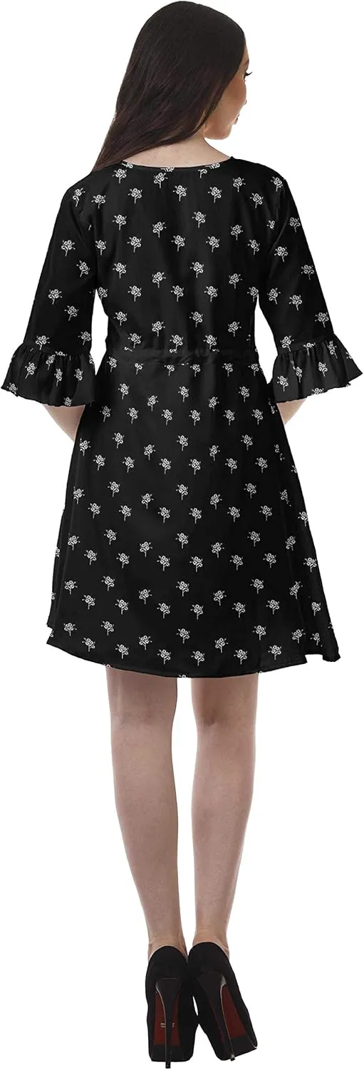 Women Printed Drawstring Mini Dress V Neck Ruffle Sleeves Summer Dress