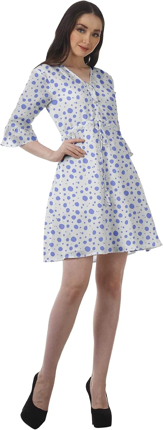 Women Printed Drawstring Mini Dress V Neck Ruffle Sleeves Summer Dress