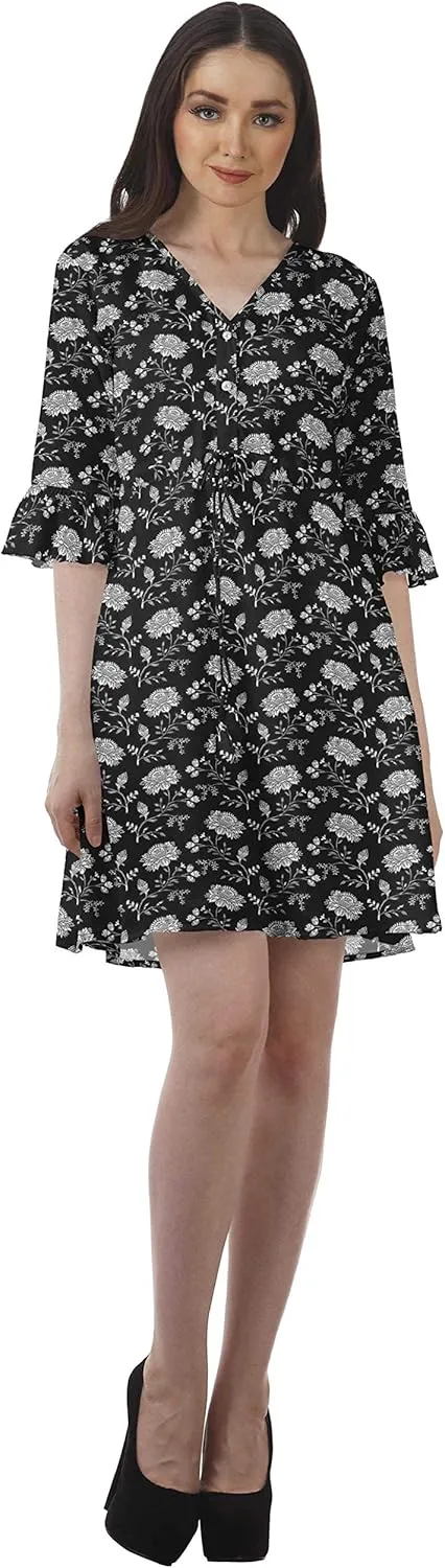 Women Printed Drawstring Mini Dress V Neck Ruffle Sleeves Summer Dress