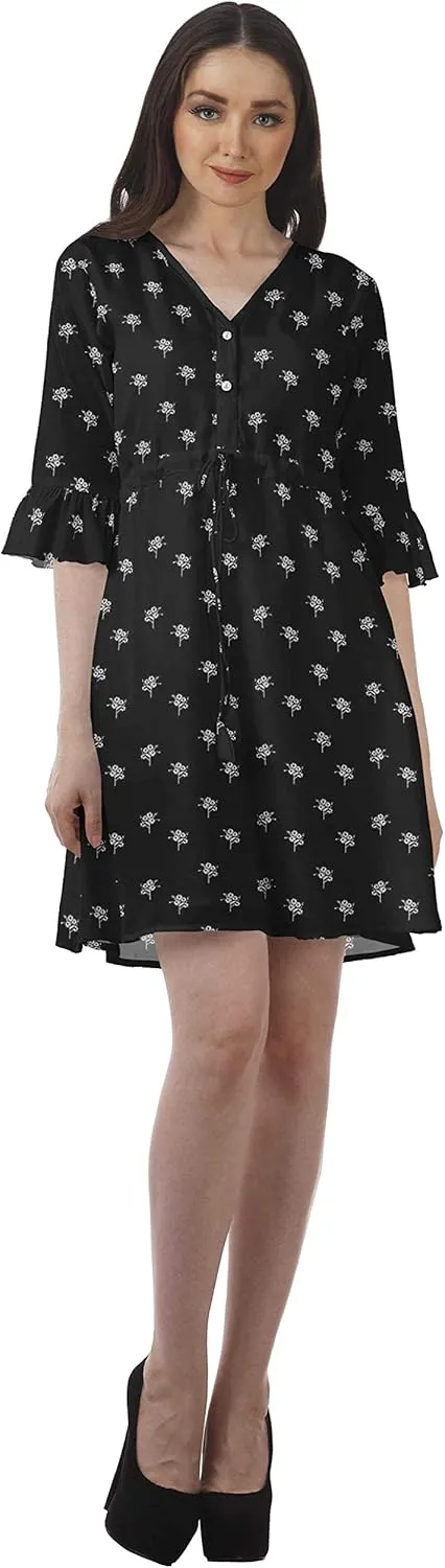 Women Printed Drawstring Mini Dress V Neck Ruffle Sleeves Summer Dress